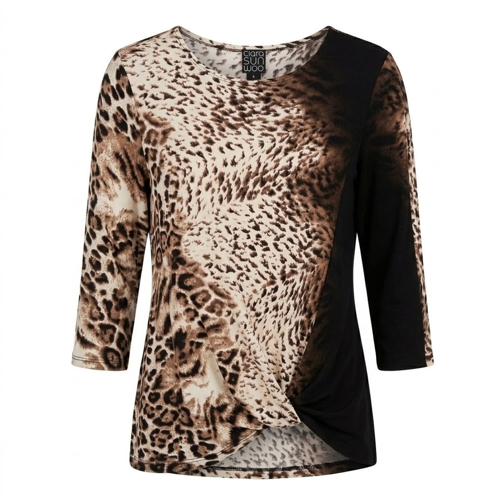 Clara Sunwoo Womens SMALL Brown Leopard Animal Print Twist Front 3/4 Sleeve Top